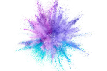 Colored powder explosion. Abstract closeup dust on backdrop. Colorful explode. Paint holi