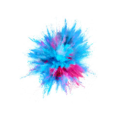 Colored powder explosion. Abstract closeup dust on backdrop. Colorful explode. Paint holi