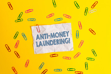Text sign showing Anti Money Laundering. Business photo showcasing regulations stop generating...
