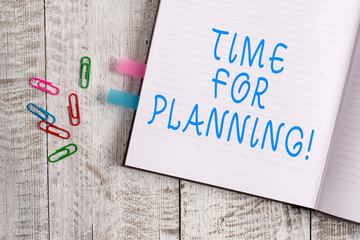Text sign showing Time For Planning. Business photo text exercising conscious control spent on specific activities Thick pages notebook stationary placed above classic look wooden backdrop