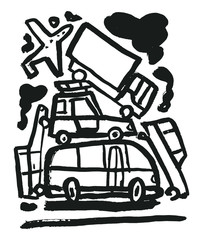 Traffic jam and clouds of traffic fumes. Hand-drawn vector illustration, isolated on white.