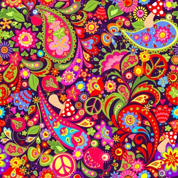 Hippie vivid colorful wallpaper with abstract flowers, hippie peace symbol, mushrooms, pomegranate and paisley