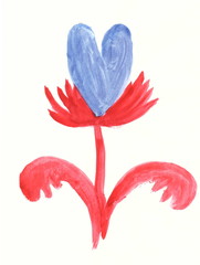 Drawing with watercolors: Flower with red and blue petals and leaves abstraction
