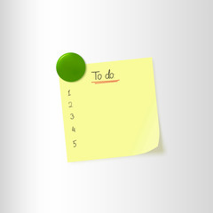 Vector illustration of note paper with 'To do' text sign and magnet on fridge. Realistic yellow sticky note with to do list and numbering. Fully editable file for your projects. Eps 10.