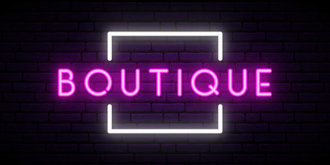 Fototapeta na wymiar Boutique neon sign vector. Light banner. Nightly bright advertising.