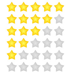 Gold yellow star ranking. 5 star rating icon.  Customer review or feedback. Service, classification, mark quality, evaluation, success. Vector illustration.