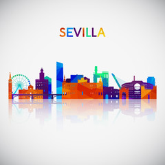 Naklejka premium Sylwetka panoramę Sewilli w kolorowym stylu geometrycznym. Symbol Twojego projektu. Ilustracji wektorowych.