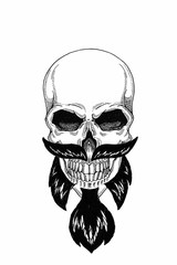 Monochrome illustration barbershop of skull with beard, mustache, hipster and on white background, cartoon, angry, beautiful, brutal.