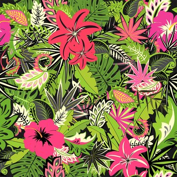 Tropical seamless neon wallpaper with exotic flowers and leaves and pink flamingo for fabric, textile, wrapping paper, greeting card, invitation, summer party, web design
