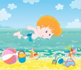 Obraz na płótnie Canvas Little boy swimming in blue water on a sea beach on a sunny summer day, vector illustration in a cartoon style