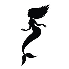 Vector black flat silhouette of mermaid isolated on white background