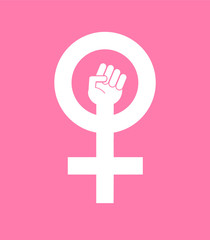 Vector flat cartoon symbol of feminist female strong symbol isolated on pink background