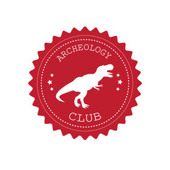 Vector red flat round retro logo with tyrannosaurus dinosaur and archeology club text isolated on white background