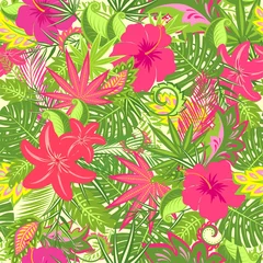 Foto auf Acrylglas Tropical wallpaper with lily and hibiscus flowers, monstera, palm branch and exotic leaves for fabric, textile, wrapping paper, greeting card, invitation, summer party, web design © Eva105