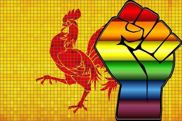 Shiny LGBT Protest Fist on a Flemish Region Flag - Illustration,  Abstract Mosaic Flemish Region and Gay flags