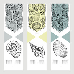 Template greeting cards or invitations with seashells. Freehand drawing with space for text