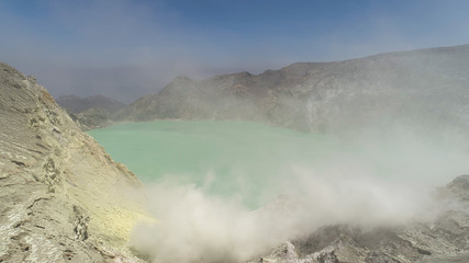 Aerial view mountain landscape with crater acid lake Kawah Ijen where sulfur is mined. Sulfur gas, smoke. Ijen volcano complex group of stratovolcanoes in East Java Indonesia