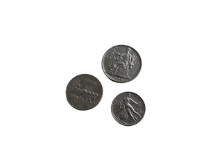  Three Italian Vintage 1920s coins isolated on white background