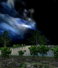 Illustration of a pond and trees with a blue and white nebula in the background.