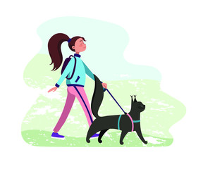 Girl and cat vector illustration, walking together.