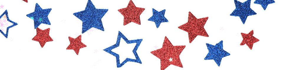 Banner of shiny stars of blue and red color of different sizes on a white background. USA independence day concept..