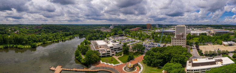 Aerial panorama of Columbia Town Center in Maryland new Washington DC with office buildings and the Columbia Mall - obrazy, fototapety, plakaty