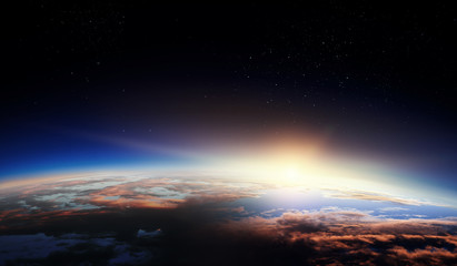 Sunrise on planet orbit, space beauty