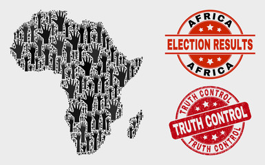 Ballot Africa map and seal stamps. Red round Truth Control grunge stamp. Black Africa map mosaic of upwards referendum arms. Vector collage for referendum results, with Truth Control stamp.