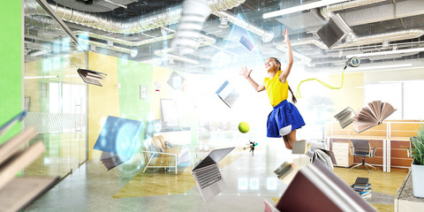 Cute happy little girl jumping. Mixed media