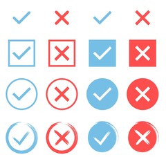 Set of chek marks. Blue tick and red cross. YES or NO accept and decline symbol. Buttons for vote, election choice. Empty, square frame, circle and brush. Check mark OK and X icons.