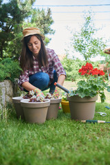 Gorgeous Caucasian brunette dressed in work wear and with hat and gloves planting begonia in her backyard.