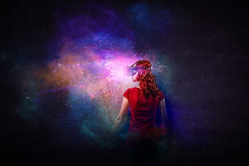 Young female in virtual reality. Mixed media