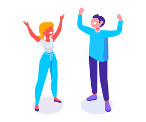 Happy positive young people have fun together. Girl and guy. JoyfulI isometric couple with raised hands.  Flat cartoon style. Vector illustration. 