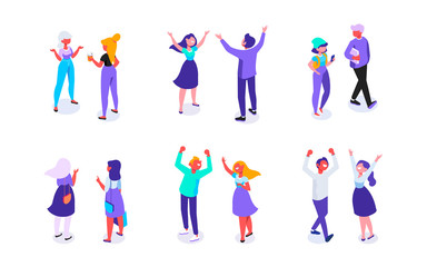 Happy young people isometric set. Friends. Communication. People talking. Flat cartoon style. Vector isometric characters isolated on white. 