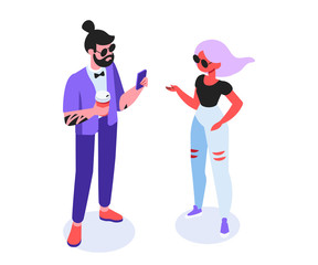 Happy young couple in casual clothes isometric set. Modern city people. Friends, man and woman. Communication. People talking. Flat cartoon style. Vector isometric characters isolated on white. 