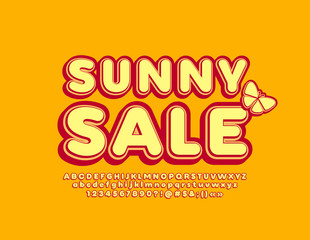 Vector vintage banner Sunny Sale with decorative butterfly. Stylish Alphabet Letters. Numbers and Symbols. 3D retro Font