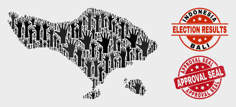 Democracy Bali map and seal stamps. Red rounded Approval Seal textured seal stamp. Black Bali map mosaic of upwards volunteer arms. Vector composition for election results, with Approval Seal imprint.