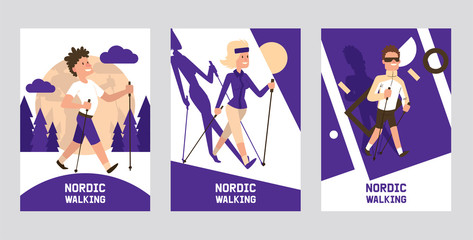 Nordic walking supplies people leisure sport time cards vector illustration. Active nordwalk man and woman summer exercise. Outdoor fitness active characters. Trekking walker jogging person.