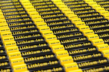 Fototapeta premium Rows of generic AA batteries with the label 'Lithium Ion' - 3D Rendering