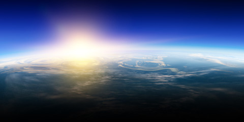 Sunrise on planet orbit, space beauty