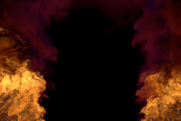fantasy melting hell on black, frame with heavy smoke - fire from the left and right corners - fire 3D illustration