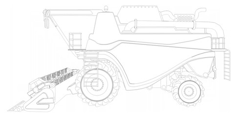 Thin contoured, detailed 3D model of large rural agricultural combine harvester on white, food industry equipment development concept - industrial 3D illustration