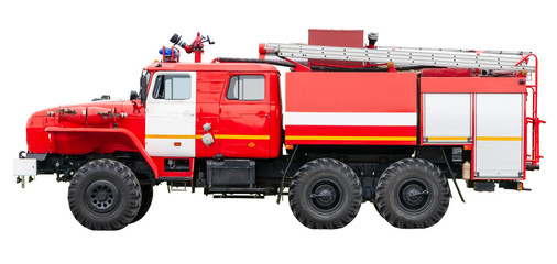 Fire rescue vehicle, side view. Big red rescue car of Russia, isolated on white.