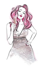 Horizontal floral banner. Girl with a glass of champagne sending air kiss. Templates for invintation