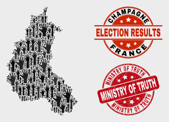 Ballot Champagne Province map and seals. Red round Ministry of Truth grunge seal stamp. Black Champagne Province map mosaic of raised vote hands. Vector combination for ballot results,