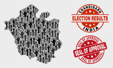 Vote Chandigarh City map and stamps. Red round Seal of Approval textured seal stamp. Black Chandigarh City map mosaic of raised up agree arms. Vector collage for ballot results,