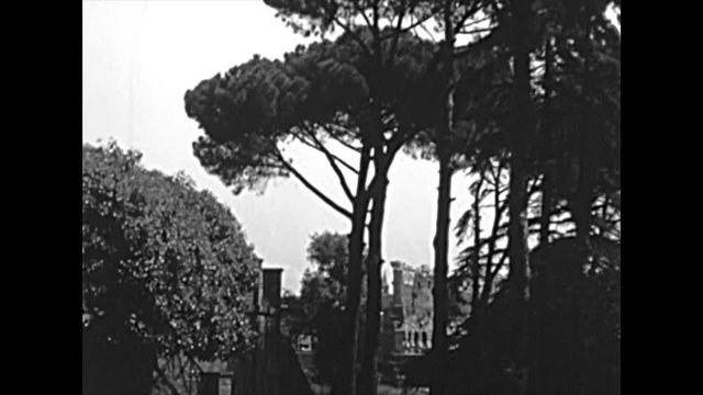 The panoramic aerial view of the Roman Forum in Rome city. BW historical archival of Rome capital of Italy in the 1960s.