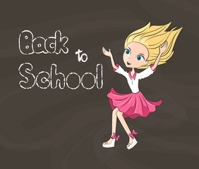 Cartoon happy girl jumping. The inscription is drawn in chalk on the blackboard. Back to school. Vector illustration