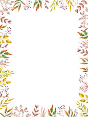 Fototapeta na wymiar Herbal mix vector frame. Hand painted plants, branches and leaves on white background. Natural fall card design.