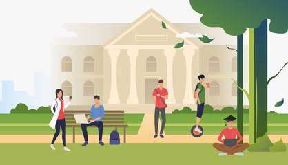 Students walking and relaxing in campus park. Information, university, nature concept. Vector illustration can be used for topics like knowledge, relaxation, education © SurfupVector